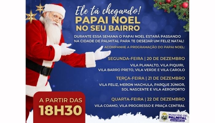 Palmital – O Papai Noel visitará os bairros da cidade